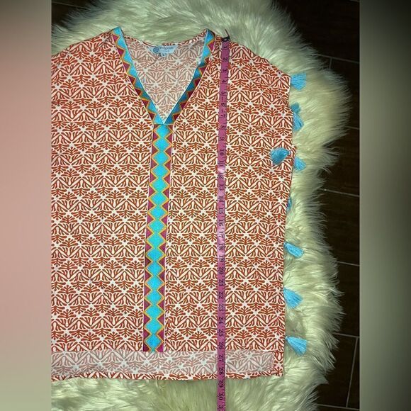 Escapada Living Tangerine/white Embroidered Neck hem w/Turquiose Tassel sz med - Picture 8 of 8